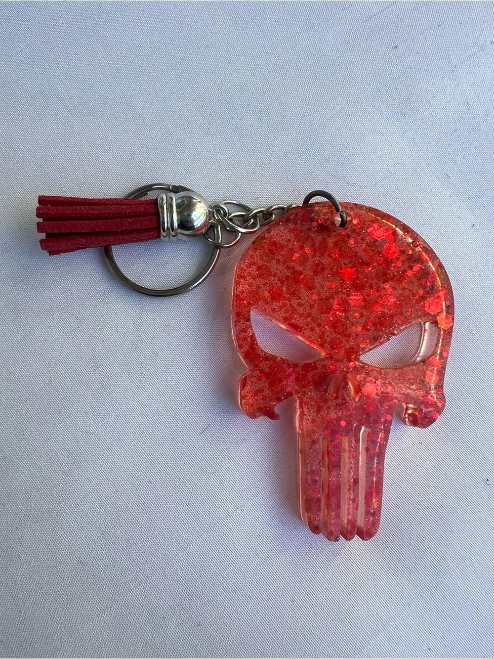 Large Red Sparkle Resin Punisher Skull Keychain Handmade Glitter Key Ring